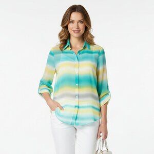 I.N. Studio Blue & Yellow Striped Sheer Short Sleeve Button Blouse Top XL